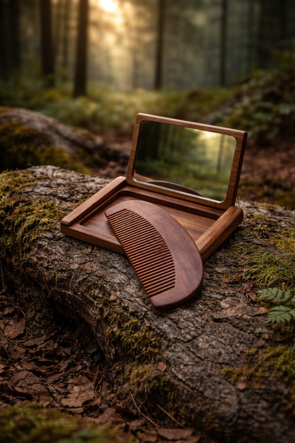 Pente e Espelho em Madeira